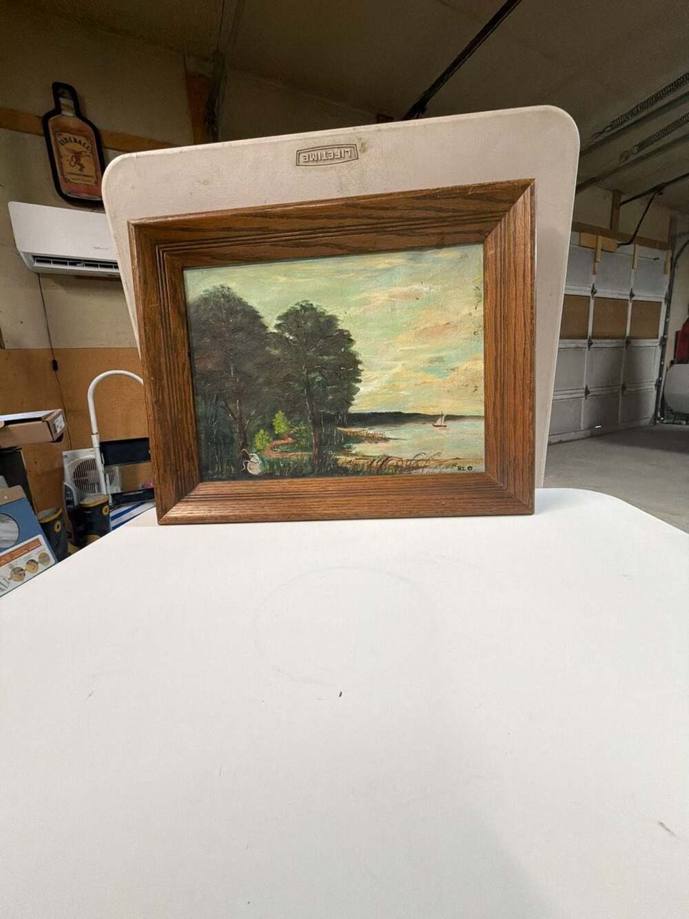 Vintage Original Folk Art Seascape Oil Painting with Sailboat